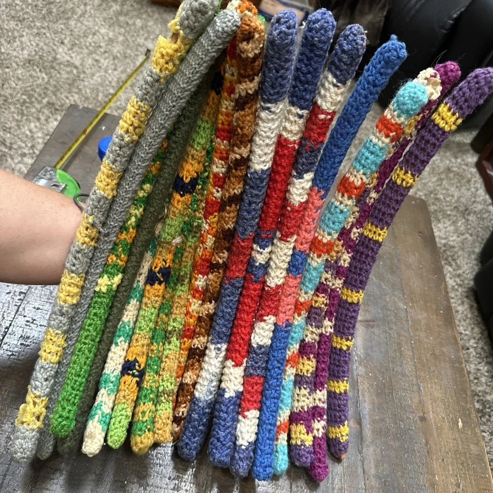 Lot 18 Vintage Crochet Covered Wooden Clothes Hangers Colorful Grannycore